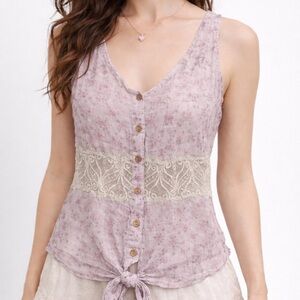 Flowy Lavender Sleeveless Top w Lace cottage shabby chic boho prairie M